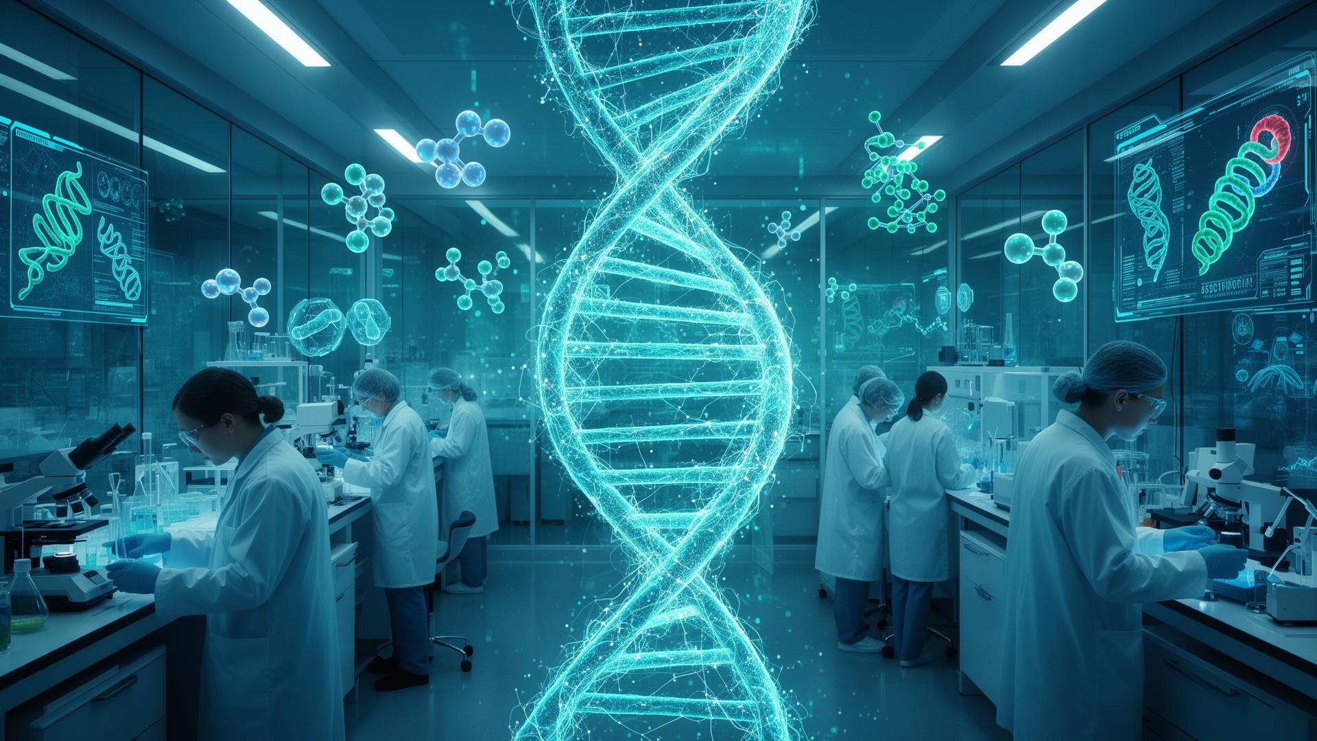 Futuristic laboratory showing the convergence of artificial intelligence and bioengineering with DNA visualization and neural networks