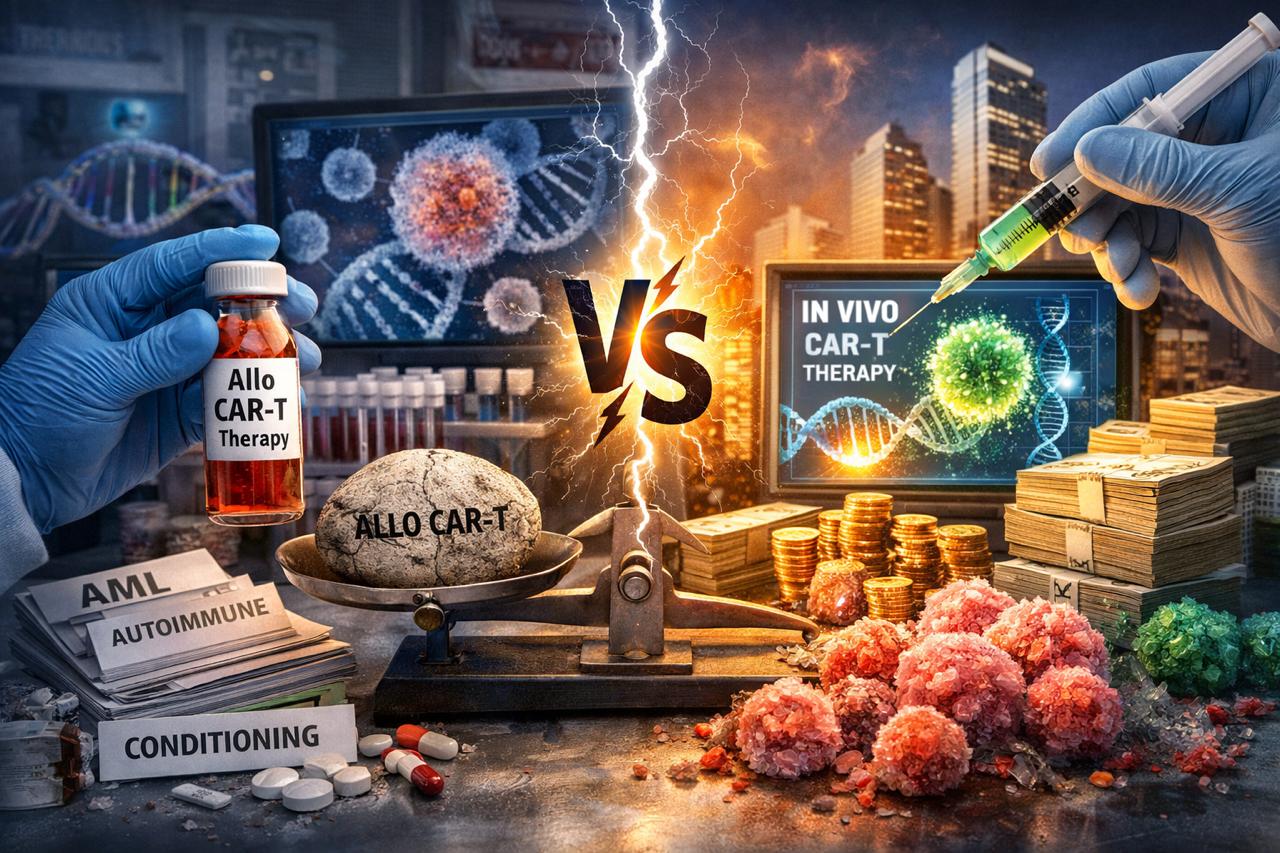 Visualization of CAR-T cells attacking cancer cells with cryopreservation and logistics infrastructure in the background