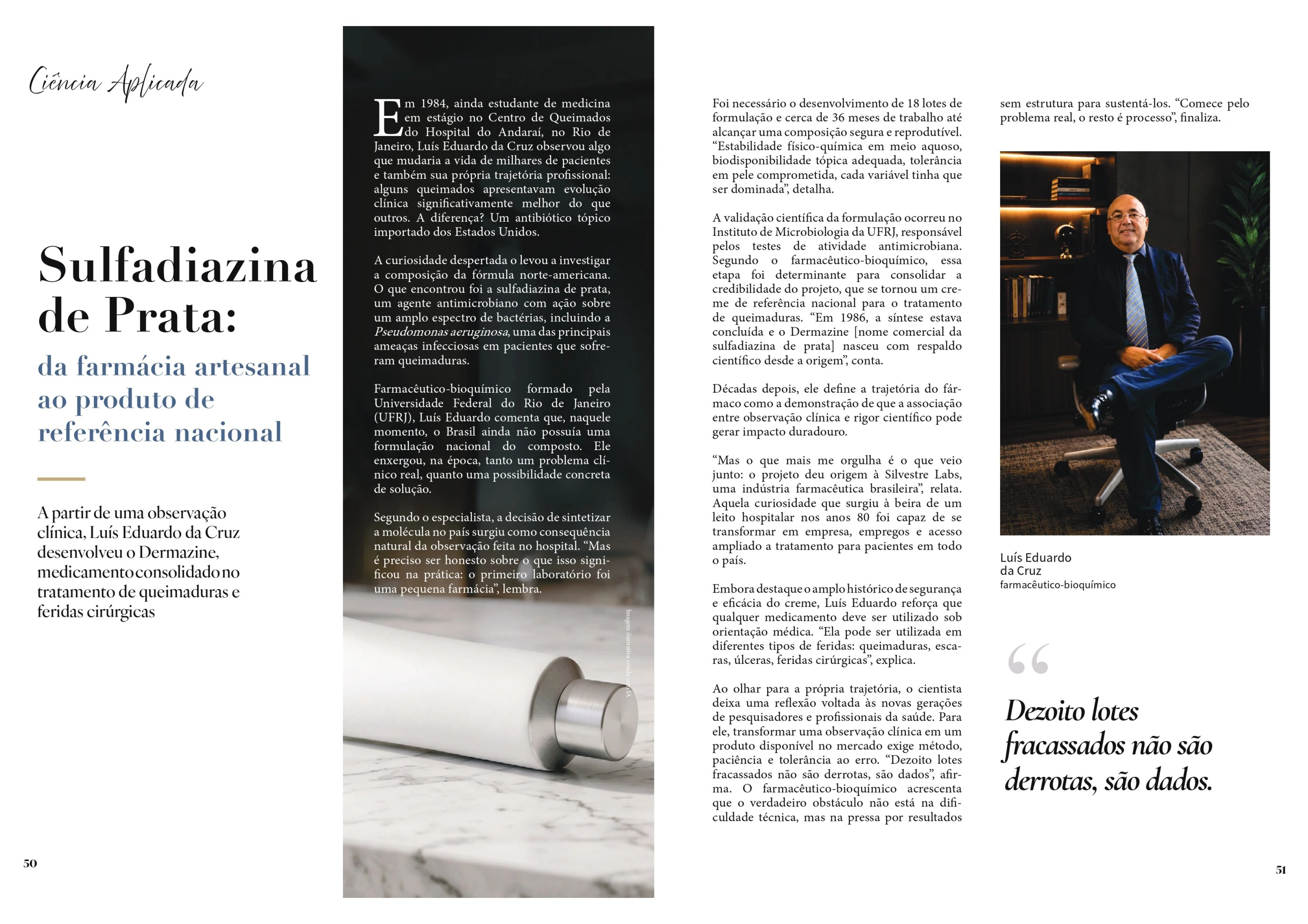 Two-page spread of PLASTIKOS Magazine featuring the interview with Luís Eduardo da Cruz on the origin of Dermazine®